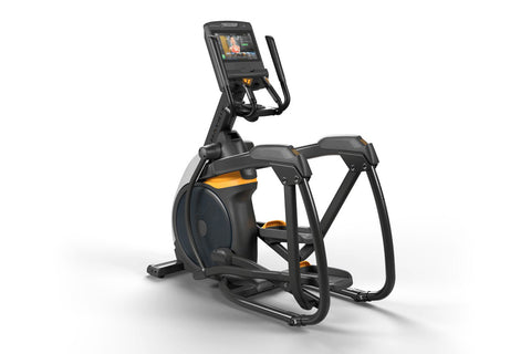 Black and orange elliptical trainer with digital display console, handlebar grips, and foot pedals on white background