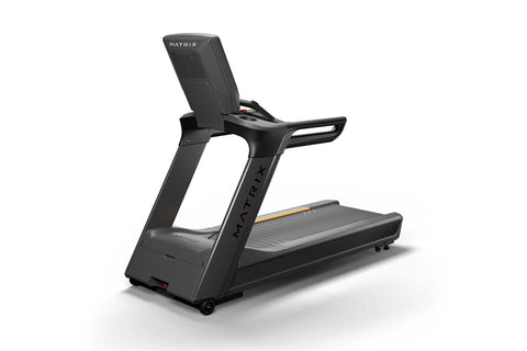 Black and gray motorized treadmill with touchscreen display console, black handles, and gold accents, on white background