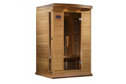 Two-person infrared sauna with natural wood construction, glass door with dark interior, digital control panel, and wooden be