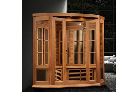 Light wood corner infrared sauna with glass doors and vertical slat interior panels on white background