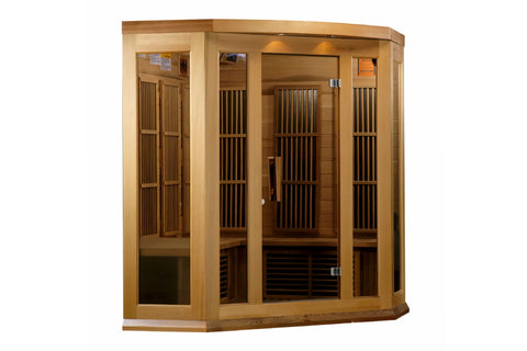 Light wood corner infrared sauna with glass doors and vertical slat interior panels on white background