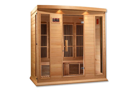 Cedar wood infrared sauna cabin with four seats, carbon heaters, glass doors, and overhead lighting on white background