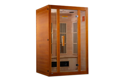 Two-person infrared sauna with orange cedar wood frame, glass front door, and interior heaters visible on white background