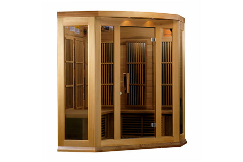 Three-person corner infrared sauna with natural cedar wood frame, glass front doors, vertical slat interior walls, and curved