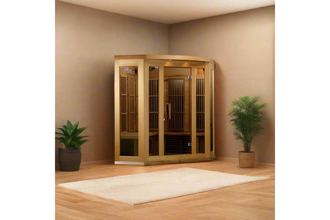 Three-person corner infrared sauna with natural cedar wood frame, glass front doors, vertical slat interior walls, and curved