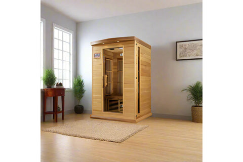 Two-person infrared sauna with light wood construction, glass door panel, digital control panel, and dark interior heaters vi