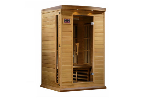 Two-person infrared sauna with light wood construction, glass door panel, digital control panel, and dark interior heaters vi
