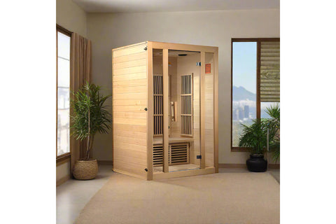 Natural wood far-infrared sauna cabin with glass front door, wooden benches, and vertical heater panels inside on white backg