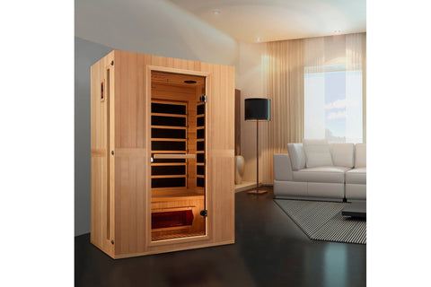 Maxxus Serenity 2-person infrared sauna in light wood with glass door, wooden bench seating, and infrared heater panels visib