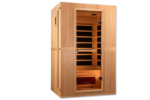 Maxxus Serenity 2-person infrared sauna in light wood with glass door, wooden bench seating, and infrared heater panels visib