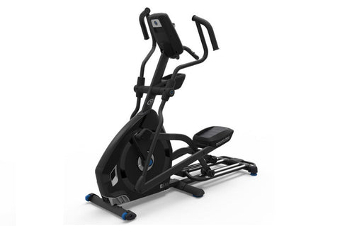 Black and gray elliptical exercise machine with dual handles, digital console, and blue accent trim on white background