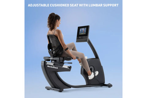 NordicTrack recumbent exercise bike with black mesh seat, curved footrest, dual handlebars, and digital display monitor mount