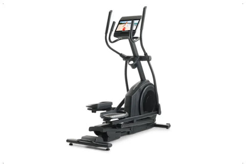 Black elliptical machine with digital display screen and curved handlebar arms, on white background