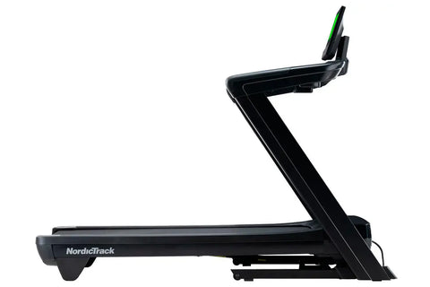 NordicTrack Commercial 1250 black treadmill with touchscreen display showing workout video, on white background