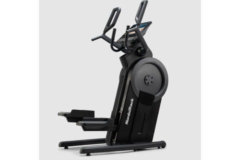 Black NordicTrack Step Climber XL with dual handlebars and large foot pedals on white background