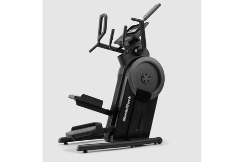 Black NordicTrack step climber with digital display, moving handlebars, and foot pedals on white background