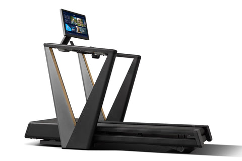 NordicTrack Ultra 3 treadmill with black and gray frame, touchscreen display mounted on stand, and running belt on white back