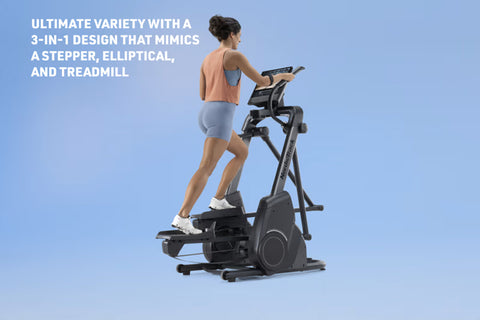 Black elliptical machine with digital display console and curved handlebars on white background