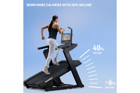 Black NordicTrack X16 treadmill with curved running deck, angled frame, dual handles, and built-in tablet holder displaying f