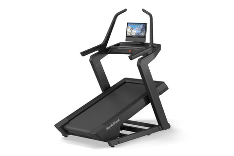 Black NordicTrack X16 treadmill with curved running deck, angled frame, dual handles, and built-in tablet holder displaying f