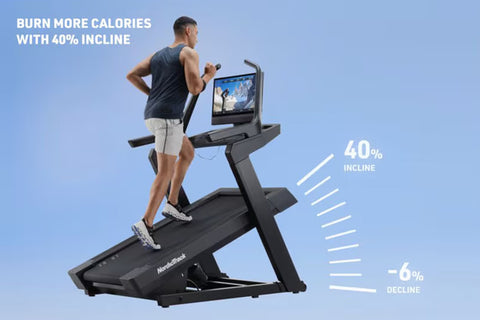 NordicTrack X24 black treadmill with curved frame, digital touchscreen display, and dual handrails on white background