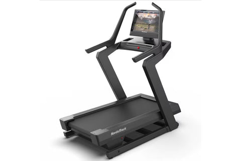NordicTrack X24 black treadmill with curved frame, digital touchscreen display, and dual handrails on white background