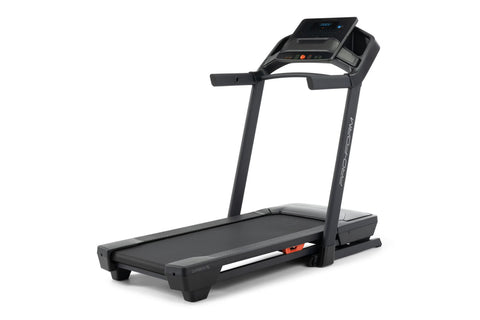 Black ProForm Carbon TLS treadmill with digital console, cushioned running deck, and orange accents on white background