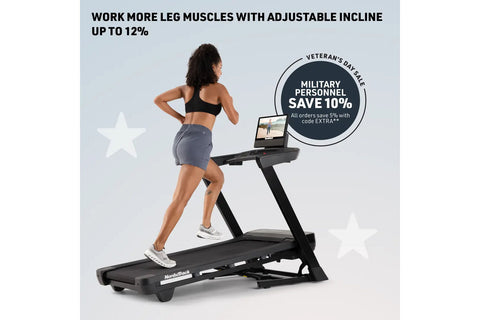 NordicTrack T-Series 16 treadmill with black frame, running deck, and attached digital display console showing beach scene on