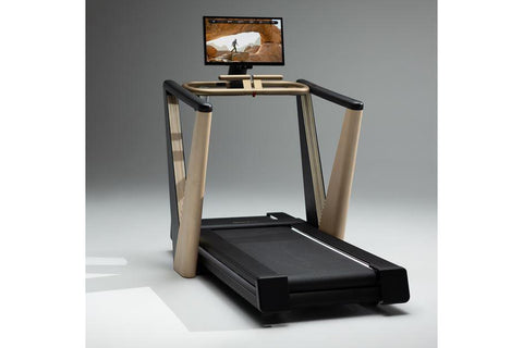 NordicTrack Ultra 1 treadmill with black running deck, natural wood frame, and mounted digital screen displaying fitness vide