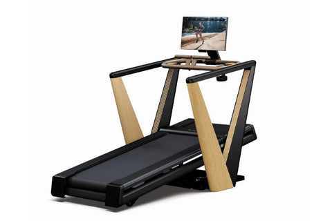 NordicTrack Ultra 1 treadmill with black running deck, natural wood frame, and mounted digital screen displaying fitness vide
