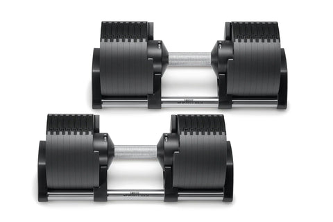 Pair of black and silver adjustable dumbbells with numbered weight plates and metal handles, displayed on white background