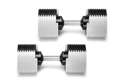 Pair of adjustable dumbbells with white and black segmented plates, silver metal handles, and black end caps on white backgro