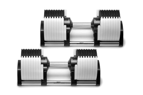 Pair of adjustable dumbbells with white and black segmented plates, silver metal handles, and black end caps on white backgro