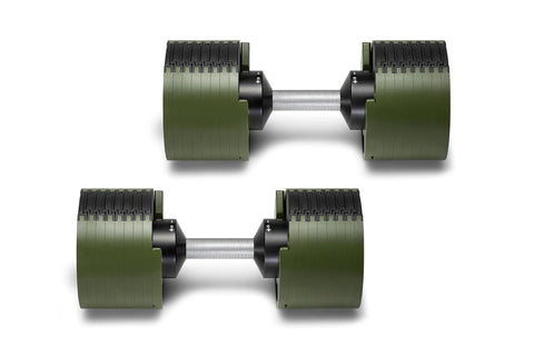 Pair of adjustable dumbbells with olive green and black weight plates, chrome handle, shown from side view on white backgroun