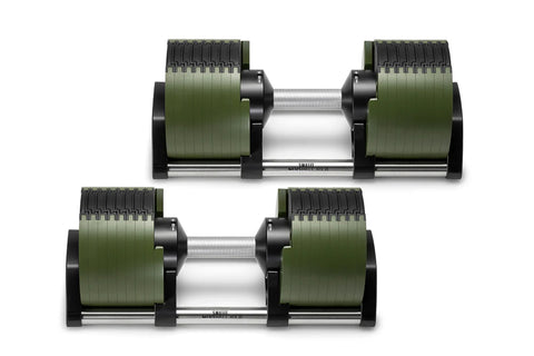 Pair of adjustable dumbbells with olive green and black weight plates, chrome handle, shown from side view on white backgroun