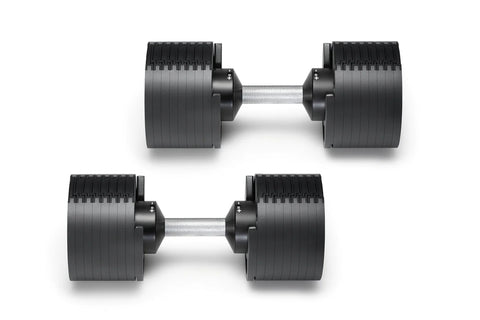 Pair of black and silver adjustable dumbbells with numbered weight plates and metal handles, displayed on white background