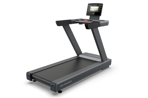 Black and gray Octane OC100 treadmill with 10" touch console display and control panel on white background