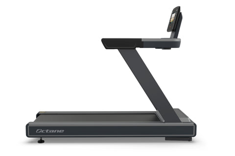 Black and gray Octane OC100 treadmill with 10" touch console display and control panel on white background