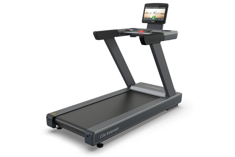 Black Octane OC160 treadmill with gray accents, wide running deck, dual uprights, and 16-inch touchscreen console displaying 