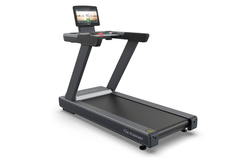 Black Octane OC160 treadmill with gray accents, wide running deck, dual uprights, and 16-inch touchscreen console displaying 