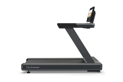 Black and gray Octane OC220 treadmill with digital display console showing workout interface, on white background
