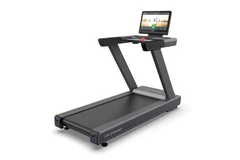 Black and gray Octane OC220 treadmill with digital display console showing workout interface, on white background