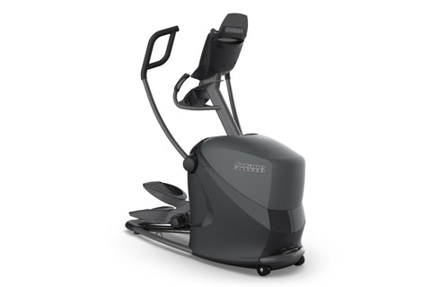 Black elliptical exercise machine with dual handles, wide foot pedals, and digital display console on white background