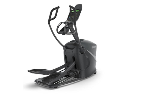 Black elliptical exercise machine with dual handles, wide foot pedals, and digital display console on white background