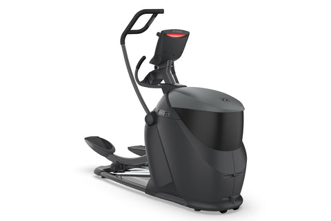 Black Octane Q47x home elliptical machine with curved handlebars and foot pedals on white background