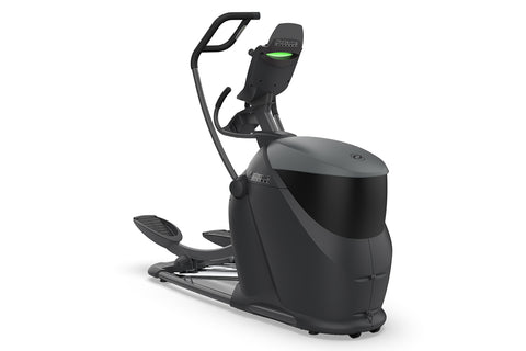 Black Octane Q47xi elliptical machine with digital display, handle bars, and foot pedals on white background