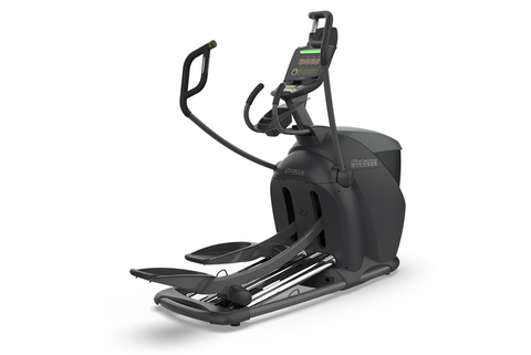 Black Octane Q47xi elliptical machine with digital display, handle bars, and foot pedals on white background