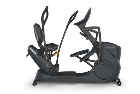 Black recumbent elliptical machine with digital display console, dual pedals, and padded seat on white background