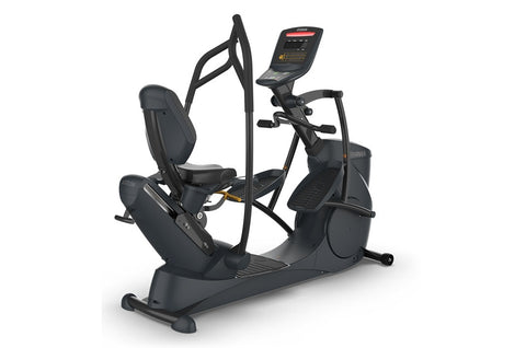 Black recumbent elliptical machine with digital display console, dual pedals, and padded seat on white background