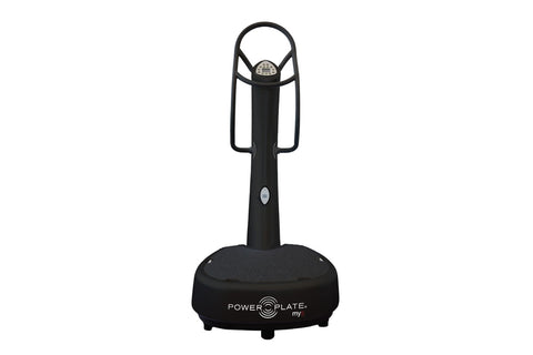 Power Plate My5 black vibration training machine with circular platform base and vertical handle on white background